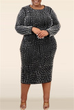 Beige Formal Evening Party Prom Slit Beading O Neck Long Sleeve Plus Size Bodycon Midi Dresses