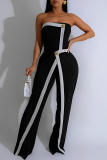Black with White Striped Sleeveless Strapless Layer Button-Down Formal Office Evening Party Tube Tops Jumpsuits