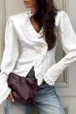 White Formal Office Buttons Stringy Selvedge Turndown Collar Long Sleeve Blouse