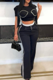 Black Casual Outing Draw String Pocket Loose Mid Waist Straight Leg Pants