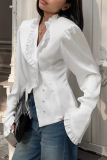 White Formal Office Buttons Stringy Selvedge Turndown Collar Long Sleeve Blouse