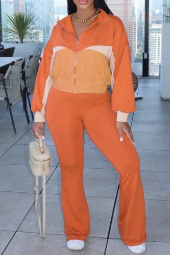 Orange Zipper Collar Long Sleeve Jackets And Sweatpants Sportwear Casual Outing Two Pieces Jogger Sets