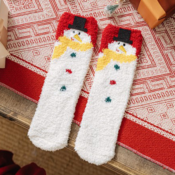 Khaki Casual Santa Claus Snowman Print Christmas Tree Furry Sock