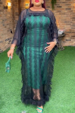 Red African Print Bodycon Maxi Dress and 3/4 Bat-wing Sleeve O Neck Mesh Sheer Ruffled Cover-Up Formal Evening Party PromTwo Pieces Dress Sets