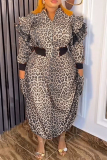 Casual Leopard Print Ruffled Trim Long Sleeve Zipper Collar Tops And Pocket Maxi Skirt Plus Size Two Pieces Dress Sets