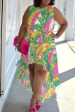 Dark Purple Boho Graphics Print Sleeveless O Neck Irregular Hem Vacation Plus Size Midi Dresses