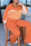 Orange Zipper Collar Long Sleeve Jackets And Sweatpants Sportwear Casual Outing Two Pieces Jogger Sets