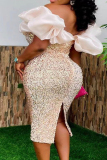 Apricot Sequin Evening Party Gown Sleeveless Off-Shoulder Puff Trim Patchwork Backless Slit Wrapped Skirt Bodycon Glitter Prom Midi Dress