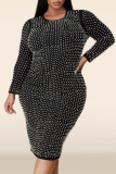 Beige Formal Evening Party Prom Slit Beading O Neck Long Sleeve Plus Size Bodycon Midi Dresses