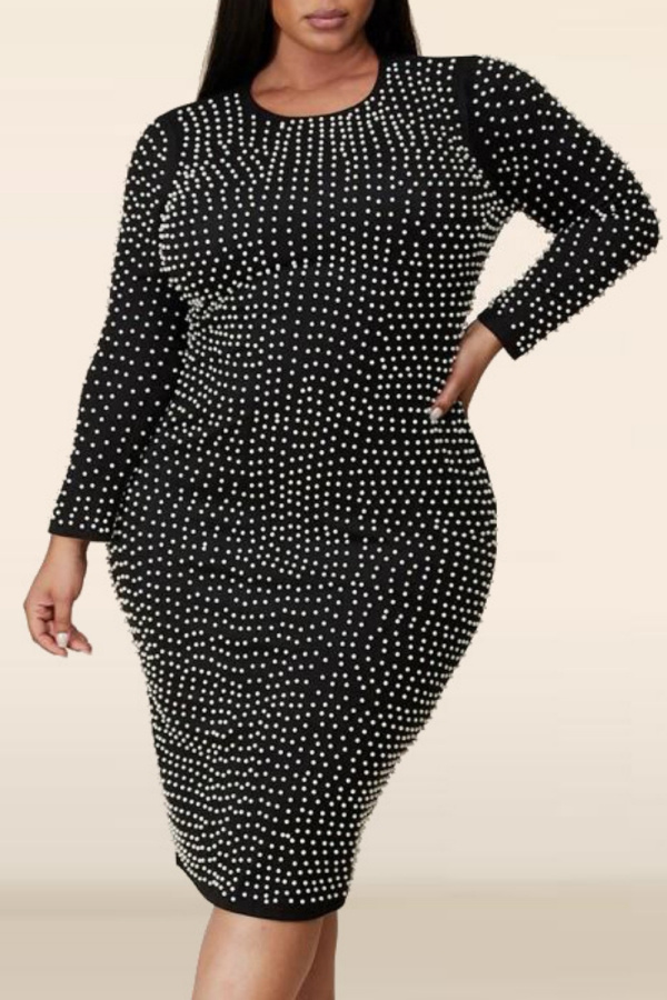 Beige Formal Evening Party Prom Slit Beading O Neck Long Sleeve Plus Size Bodycon Midi Dresses