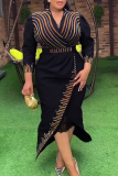 Black Formal Office Evening Party Prom Gown African Boho Print Deep V Neck Long Sleeve Wrapped Skirt Plus Size Bodycon Maxi Dresses