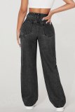 Dark Grey Casual Graphcis Print Hollow Out Pocket High Waist Wide Leg Ripped Denim Jeans