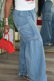 Blue Casual Outing Draw String Pocket Mid Waist Loose Cargo Denim Jeans