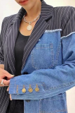 Blue Casual Striped Print Denim Patchwork Turn-back Collar Long Sleeve Blazer Jackets with Pocket