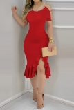 Blue Formal Evening Party Prom Gown Sleeveless O Neck Beading Trim Shoulder Ruffle Hem Front Slit Wrapped Skirt Bodycon Midi Dresses