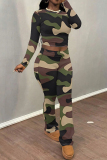 Army Green Casual Sportwear Graphics Print O Neck Long Sleeve Crop Tops And Sweatpants Two Pieces Jogger Sets