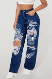 Dark Grey Casual Graphcis Print Hollow Out Pocket High Waist Wide Leg Ripped Denim Jeans