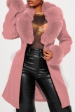 Red Casual Cardigan Turndown Collar Long Sleeve Longline Faux Fur Wool Coat