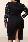 Beige Formal Evening Party Prom Slit Beading O Neck Long Sleeve Plus Size Bodycon Midi Dresses