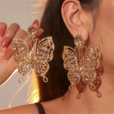 Gold-Tone Nightclub Butterfly Glass Rhinestones Drop Earrings with Crystal Embellishment