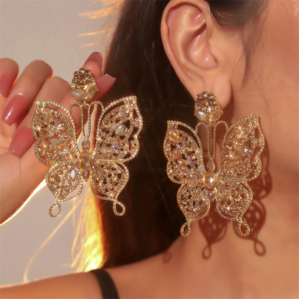 Gold-Tone Nightclub Butterfly Glass Rhinestones Drop Earrings with Crystal Embellishment