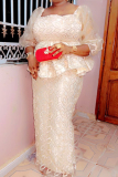 Apricot African Print Square Neck Lace Mesh Patchwork 3/4 Sleeve Ruffle Trim Blouse And Maxi Skirt Formal Evening Party Prom Two Pieces Dress Sets