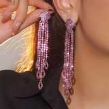 Pink Party Rhinestone Tassel Earrings with Beaded Strands
