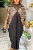 Red African Leopard Print Hot Drill O Neck Bat-wing Sleeve Long Loose Vacation Maxi Dresses