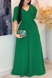 Green Strap Design V Neck Half Sleeve Long Vacation A Line Maxi Dresses