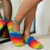 Color Rainbow Pattern Flats Slipper With Plush Fleece Round Keep Warm Shoes