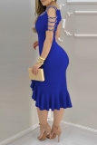 Blue Formal Evening Party Prom Gown Sleeveless O Neck Beading Trim Shoulder Ruffle Hem Front Slit Wrapped Skirt Bodycon Midi Dresses