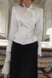 White Formal Office Buttons Stringy Selvedge Turndown Collar Long Sleeve Blouse