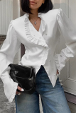 White Formal Office Buttons Stringy Selvedge Turndown Collar Long Sleeve Blouse