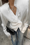White Formal Office Buttons Stringy Selvedge Turndown Collar Long Sleeve Blouse