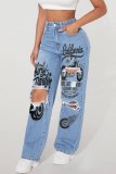 Dark Grey Casual Graphcis Print Hollow Out Pocket High Waist Wide Leg Ripped Denim Jeans