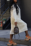 Off White Casual Outing O Neck Lantern Sleeve Winter Cable Knitted Sweater Midi Dress