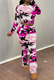 Army Green Casual Sportwear Graphics Print O Neck Long Sleeve Crop Tops And Sweatpants Two Pieces Jogger Sets