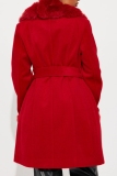 Red Casual Cardigan Turndown Collar Long Sleeve Longline Faux Fur Wool Coat