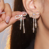 Multicolor Rhinestone Bow Drop Earrings with Pink And Clear Gemstones