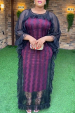 Red African Print Bodycon Maxi Dress and 3/4 Bat-wing Sleeve O Neck Mesh Sheer Ruffled Cover-Up Formal Evening Party PromTwo Pieces Dress Sets