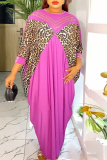 Red African Leopard Print Hot Drill O Neck Bat-wing Sleeve Long Loose Vacation Maxi Dresses
