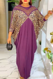 Red African Leopard Print Hot Drill O Neck Bat-wing Sleeve Long Loose Vacation Maxi Dresses