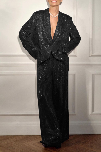 Gold Sequin Evening Party Gown Turn-back Collar Long Sleeve Blazer Jackets And Wide Leg Pants Two Pieces Trouser Sets