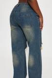 Blue Casual Ripped High Waist Distressed Straight Leg Denim Jeans