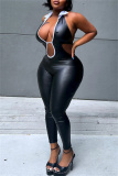 Black Hollow Out Backless Sleeveless Belted Turtleneck Night Club Skinny Jumpsuits