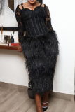 Black Fluffy Fringed Trim Patchwork Asymmetrical Collar Lace Sleeve Long Formal Evening Party Prom Bodycon Maxi Dresses