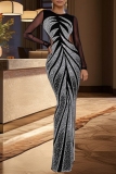Black Formal Evening Party Prom Hot Drilling See-Through O Neck Mesh Long Sleeve Slit Long Bodycon Maxi Dress