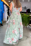 Light Blue Floral Print Sleeveless Lace Up V Neck Long Side Slit Loose Vacation Maxi Dresses