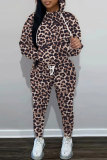 Tan Leopard Print O Neck Long Sleeve Hoodie Sweatshirt And Skinny Pants Sportwear Casual Two Pieces Tracksuit Sweatpants Set