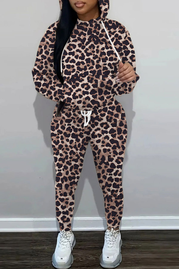 Tan Leopard Print O Neck Long Sleeve Hoodie Sweatshirt And Skinny Pants Sportwear Casual Two Pieces Tracksuit Sweatpants Set